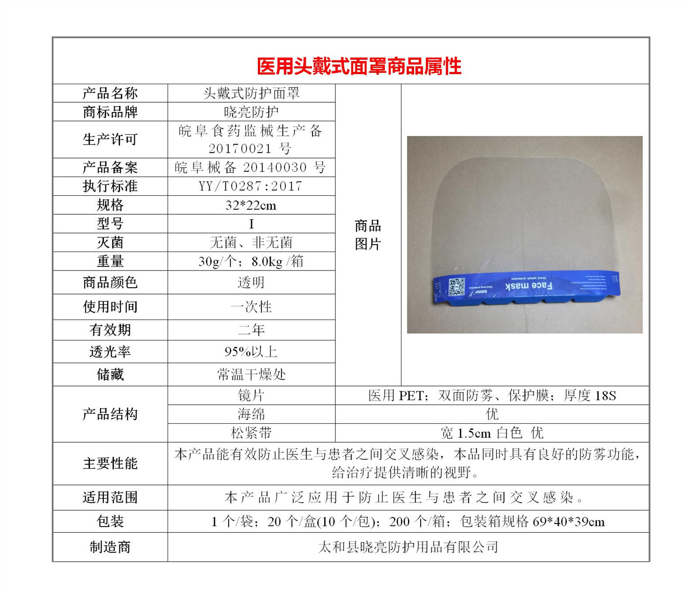 非无菌医用防护面罩规格32*22